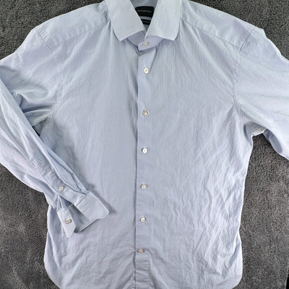 Ermenegildo Zegna Trofeo Comfort Button Up Shirt Tailored Fit 41 16 Blue Striped - Picture 2 of 14